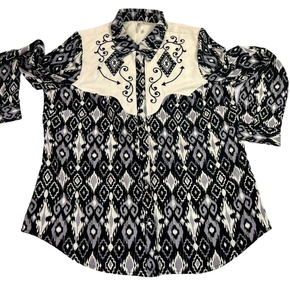 Roper Shirt Womens XL Black Ikat Retro Aztec scroll Pearl Buttons Embroidered